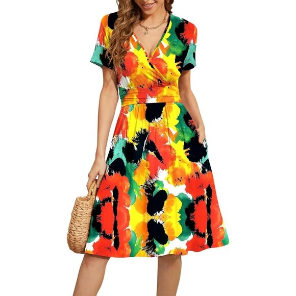 Dresses & Skirts - Women Abstract Short Sleeve V-Neck Floral Stretchy Party Dress with Pockets